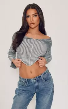 PrettyLittleThing Вязаный топ с контрастной складкой и молнией Petite Charcoal