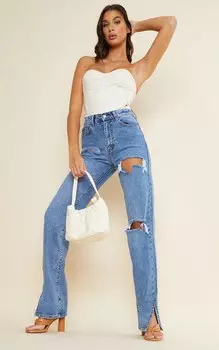 PrettyLittleThing Высокие джинсы среднего синего цвета с рваными краями и разрезами на подоле