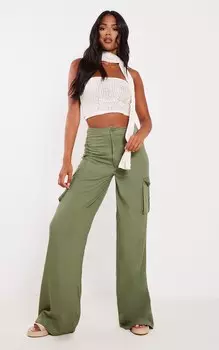 PrettyLittleThing Высокие льняные брюки цвета хаки с высокой талией и широкими штанинами