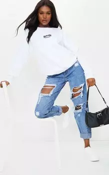 PrettyLittleThing Высокие синие рваные джинсы «мом»