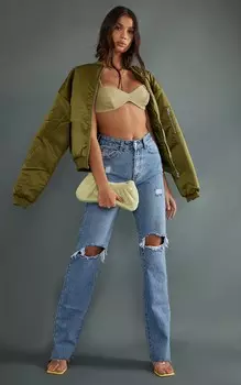 PrettyLittleThing Высокие средние синие прямые джинсы с рваными штанинами