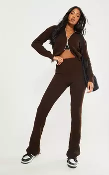 PrettyLittleThing Высокие вязаные расклешенные брюки шоколадного цвета с прямыми штанинами