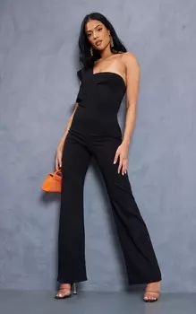 PrettyLittleThing Высокий черный драпированный комбинезон на одно плечо