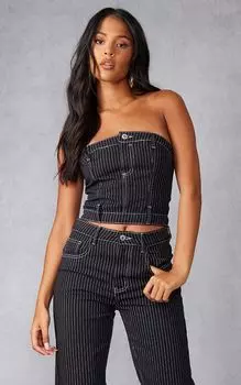PrettyLittleThing Высокий черный джинсовый корсетный топ в тонкую полоску