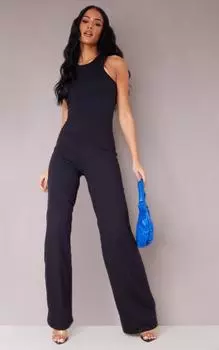 PrettyLittleThing Высокий черный хлопковый комбинезон с широкими штанинами и воротником-борцовкой