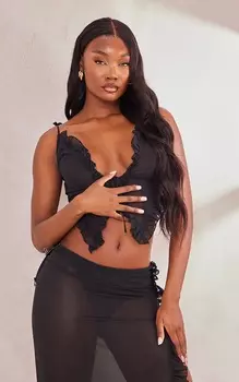 PrettyLittleThing Высокий черный сетчатый топ с завязкой спереди