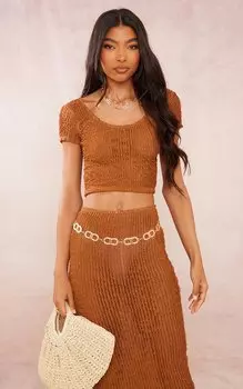PrettyLittleThing Высокий коричневый текстурированный топ с овальным вырезом на спине