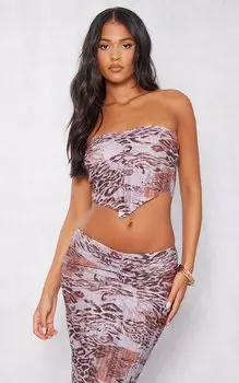 PrettyLittleThing Высокий коричневый укороченный топ с леопардовым принтом и плиссировкой и сборками спереди