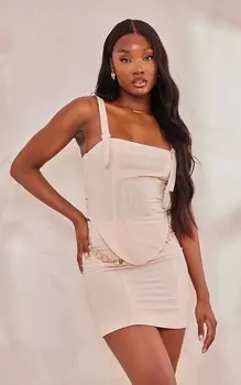 PrettyLittleThing Высокий корсетный топ бежевого цвета с льняным эффектом