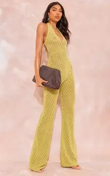PrettyLittleThing Высокий оливковый вязаный комбинезон с воротником халтер