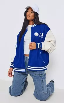 PrettyLittleThing Высокий синий бомбер оверсайз с принтом