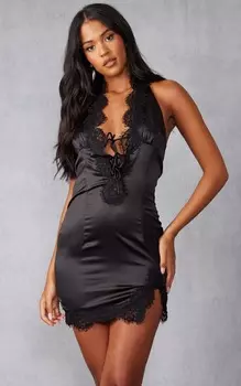 PrettyLittleThing Высокое черное облегающее платье с кружевной отделкой и завязкой спереди