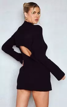 PrettyLittleThing Высокое черное вязаное платье-джемпер с вырезом на спине