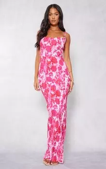 PrettyLittleThing Высокое розовое платье макси с плиссированными бретелями и абстрактным цветочным принтом