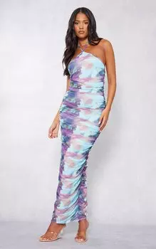 PrettyLittleThing Высокое синее платье мидакси из сетчатой ткани с воротником-халтер и сборками с акварельным принтом