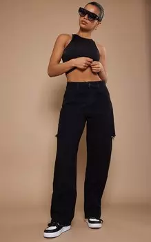 PrettyLittleThing Выстиранные черные мешковатые джинсы-бойфренды с разрезом до бедра