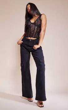 PrettyLittleThing Выстиранные черные широкие джинсы с боковыми карманами-карго
