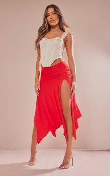 PrettyLittleThing Ярко-красная асимметричная юбка-миди Soft Touch со сборками