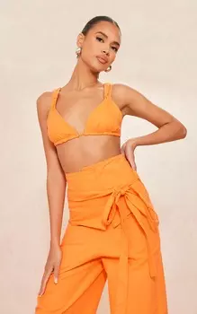 PrettyLittleThing Ярко-оранжевый бюстгальтер с микротреугольниками и льняной отделкой с завязками на спине