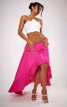 PrettyLittleThing Ярко-розовая атласная длинная юбка с водопадом спереди