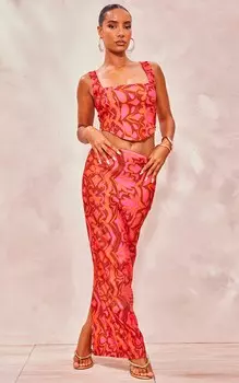 PrettyLittleThing Ярко-розовая юбка мидакси из эластичной ткани с принтом плитки и низкой посадкой