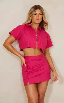 PrettyLittleThing Ярко-розовая укороченная рубашка свободного кроя с карманами спереди