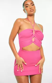 PrettyLittleThing Ярко-розовое кружевное трикотажное платье в рубчик с перекрестием спереди