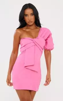PrettyLittleThing Ярко-розовое облегающее платье на одно плечо с пышными рукавами и запахом