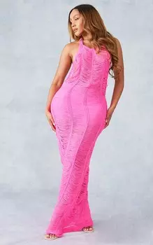 PrettyLittleThing Ярко-розовое вязаное платье макси с вырезом халтер и бретельками Shape