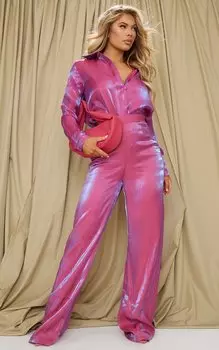 PrettyLittleThing Ярко-розовые блестящие широкие брюки с высокой талией