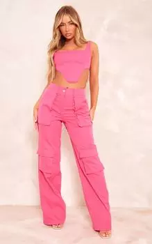 PrettyLittleThing Ярко-розовые брюки карго с высокой талией и ткаными карманами