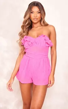 PrettyLittleThing Ярко-розовый комбинезон-бандо с прозрачной оборкой и жатой отделкой