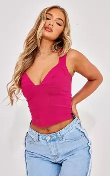 PrettyLittleThing Ярко-розовый укороченный топ из бенгальской эластичной ткани с глубоким вырезом