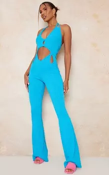 PrettyLittleThing Ярко-синий текстурированный расклешенный комбинезон с двойными бретелями и вырезами
