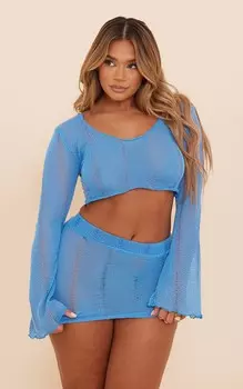 PrettyLittleThing Ярко-синий вязаный укороченный топ с расклешенными рукавами в форме лестницы