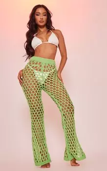 PrettyLittleThing Ярко-зеленые расклешенные брюки открытой вязки Petite