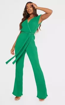 PrettyLittleThing Ярко-зеленый комбинезон с расклешенными штанинами и подплечниками со складками