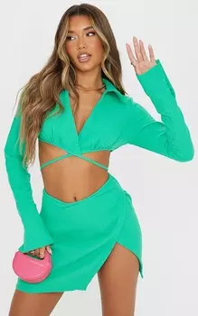 PrettyLittleThing Ярко-зеленый укороченный топ с вафельной завязкой