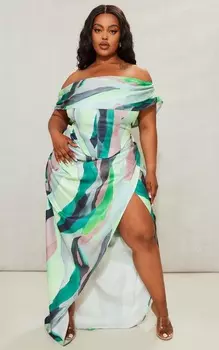 PrettyLittleThing Зеленая длинная юбка со сборками по бокам и принтом