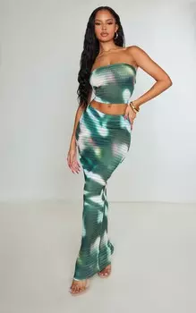 PrettyLittleThing Зеленая длинная юбка в прозрачную фактурную полоску с низкой посадкой и принтом