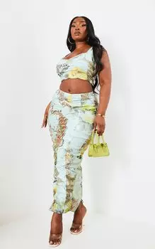 PrettyLittleThing Зеленая юбка-миди Plus Sage Green со сборками и принтом