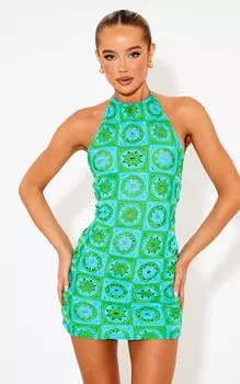 PrettyLittleThing Зеленое фактурное облегающее платье с высоким воротником и открытой спиной