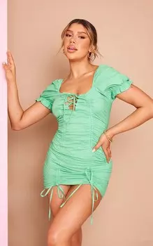 PrettyLittleThing Зеленое облегающее платье со шнуровкой и рюшами и пышными рукавами