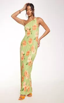 PrettyLittleThing Зеленое платье макси на одно плечо с плиссировкой и бретельками на спине с цветочным принтом