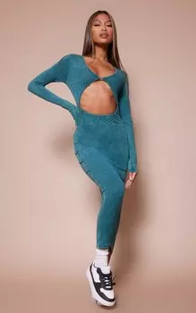 PrettyLittleThing Зеленое платье мидакси с длинными рукавами из выстиранного хлопка и вырезами