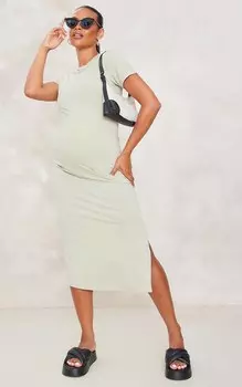 PrettyLittleThing Зеленое платье миди в рубчик с короткими рукавами для беременных Sage