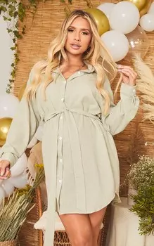 PrettyLittleThing Зеленое платье-рубашка в клетку с завязками на талии для беременных Sage Green