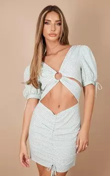 PrettyLittleThing Зеленое шифоновое облегающее платье в клетку с вырезами и кольцами