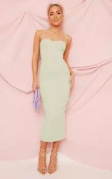 PrettyLittleThing Зеленое тканое платье мидакси с корсетом и бретелями