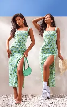 PrettyLittleThing Зеленое тканое платье мидакси с разрезом и цветочным принтом